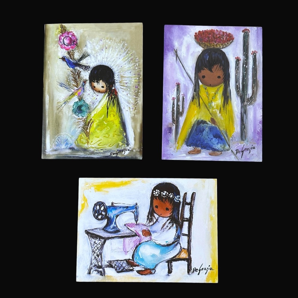 Vintage DeGrazia Note Cards Set 3 Bird Pole Little Papago Girl Sewing Machine